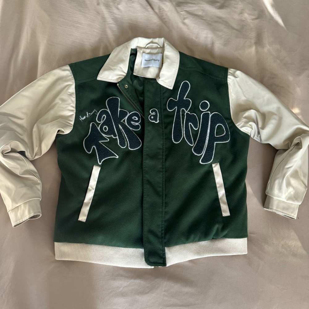 House Of Sunny Take A Trip Varsity Jacket small dark green trippy cream leather